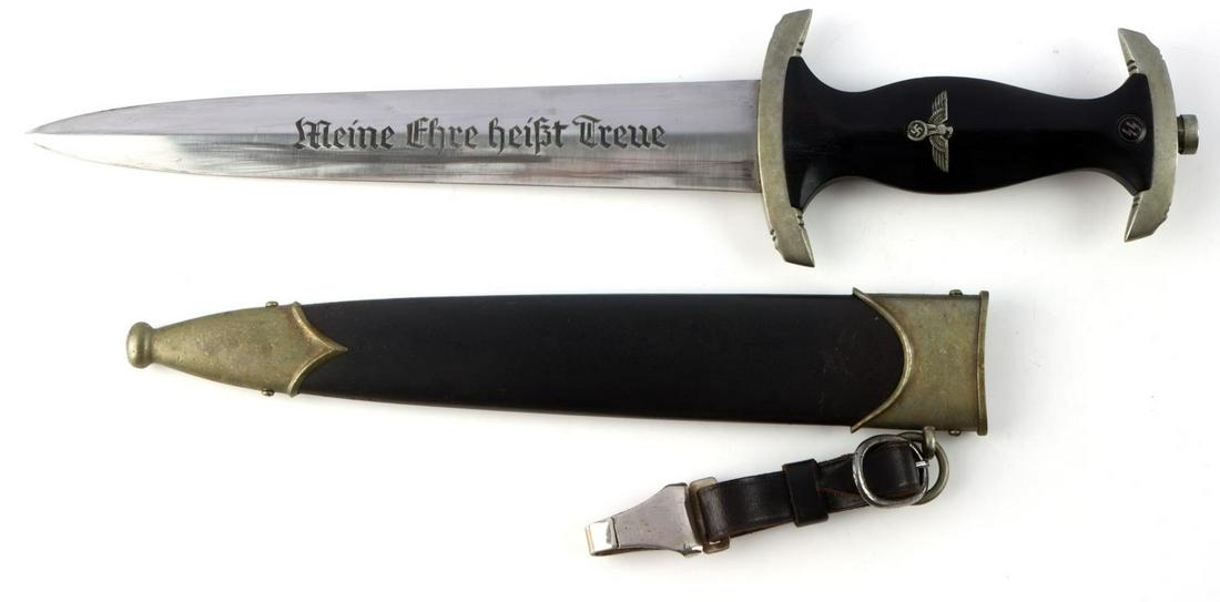 WWII GERMAN THIRD REICH ERNST SOHNE SS DAGGER: Third Reich SS dagger by E. P. & S. Steel blade, nickel crossguard and pommel, and wood grip. Anodized magnetic scabbard with nickel fittings. Meine Ehre Heisst Treue motto engraved but light. E. P. S