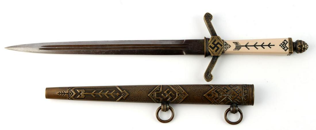 GERMAN WWII THIRD REICH LATVIAN OFFICERS DAGGER: German WWII Third Reich Latvian Officers Dagger and Scabbard. Measures 13 inches long overall. Blade is maker marked "Carl Eickhorn Waffenfabrih Solingen". Steel blade construction with brass scabbard