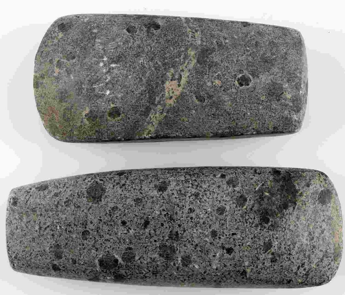 2 NATIVE AMERICAN INDIAN GRANITE CELTS ARTIFACTS: Heavily patinated feel with usage wear. Measure 4 1/4 - 5 inches. Very good condition.