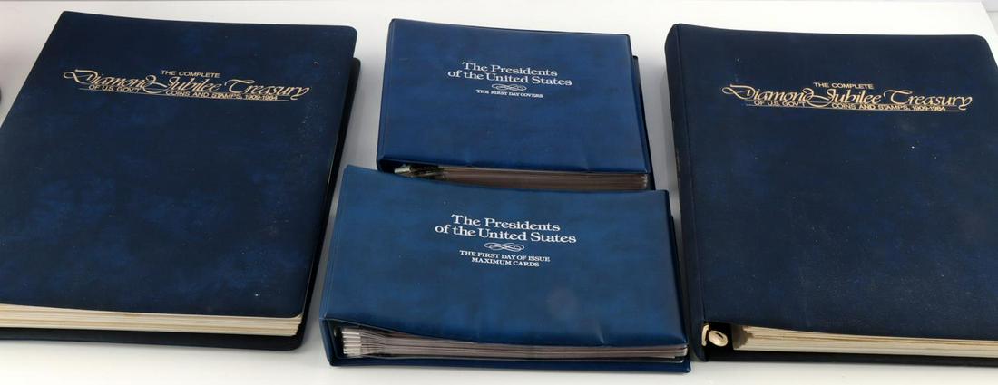 LARGE LOT OF US POSTAGE STAMP COLLECTION ALBUMS: Lot includes; two "The Complete Diamond Jubilee Treasury of U.S. GOVT Coins & Stamps, 1909-1994" each with 12 full and complete hard pages. One "The presidents of the United States - The First Day of 