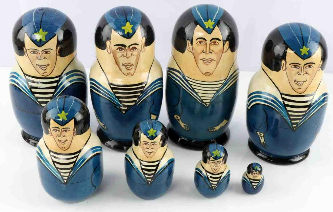 DEALERS LOT 4 SETS OF RUSSIAN SAILOR NESTING DOLLS: Dealer's lot includes four (4) complete sets of hand-painted wooden Russian Navy / sailor nesting dolls. Each set has five (5) dolls (the first 4 open to reveal a smaller one, etc.). Dolls range in si