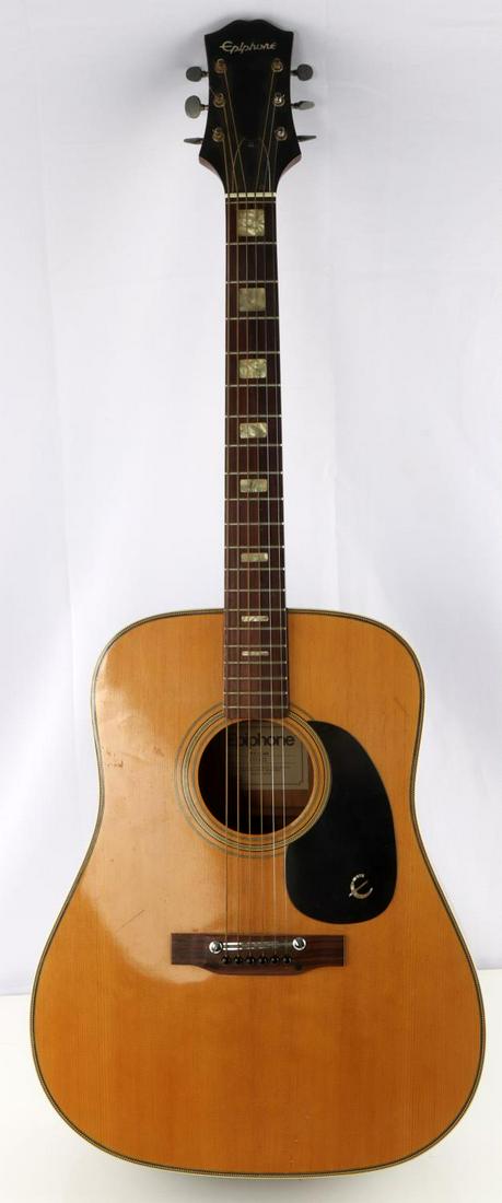 GIBSON EPIPHONE ACOUSTIC GUITAR MODEL FT 146: Epiphone acoustic guitar model FT-146. Serial number 170331. Rosewood fret board with 20 vintage frets. Rosewood bridge. Maple top. 26 1/2 scale length. 1 3./4 inch wide first fret. 20th fret measures