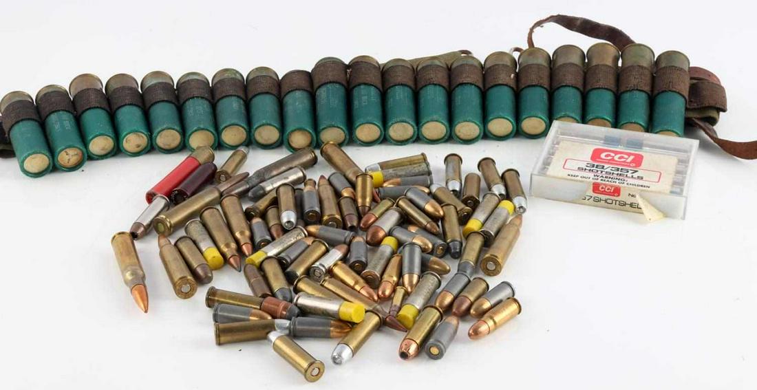 OVER 100 ROUNDS LOOSE AMMUNITION 357 38 250 12 GA: Includes 12 Gauge buck in bandolier, 357 shot, 38 shot, 250 savage and mixed others.
