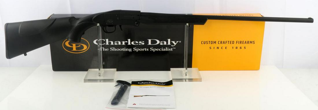 NEW IN BOX CHARLES DALY 410 SINGLE SHOT SHOTGUN: New in Box Charles Daly .410 Single Shot / Barrel Shotgun, measures approx. 41 X 1.5 X 7 inches with a 26 inch barrel. Has .410 caliber bore, break open action, front sight, checkered synthetic stock 