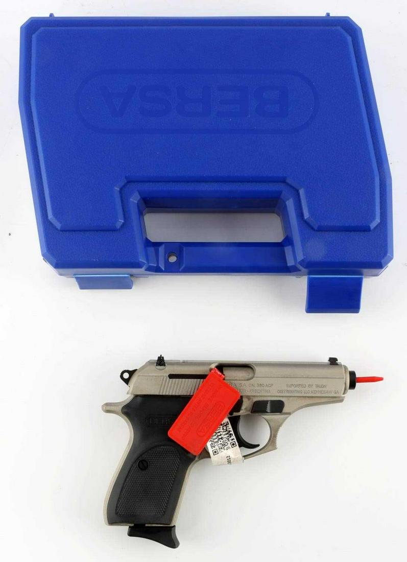 BERSA NICKEL THUNDER 380 ACP PISTOL NEW IN BOX: BERSA Thunder .380 ACP semi-automatic pistol matte nickel, new in box. Accompanied by one magazine, owner's manual, case, and key. Barrel is marked with serial number, maker, and model. In brand new c