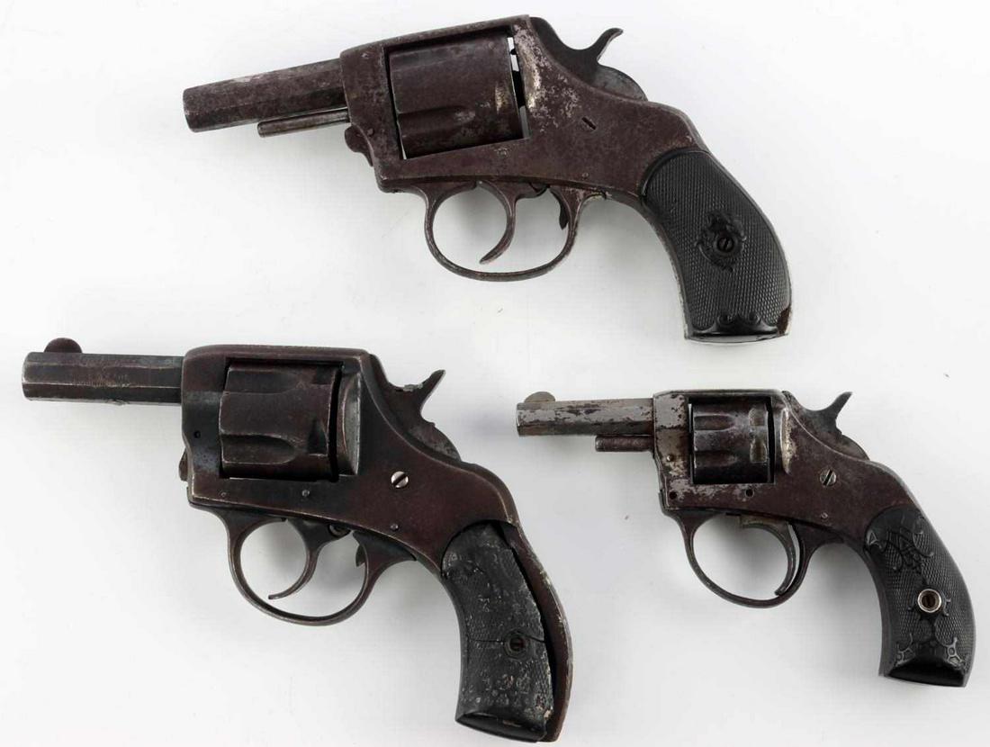 H&R AND IVER JOHNSON ANTIQUE REVOLVER LOT .38 .22: 3 early revolvers: H&R The American .38 cal, serial number to butt, double action works, loss to grips, Iver Johnson American Bulldog .38 cal, double action works, and H&R Young America DA in .22 cali