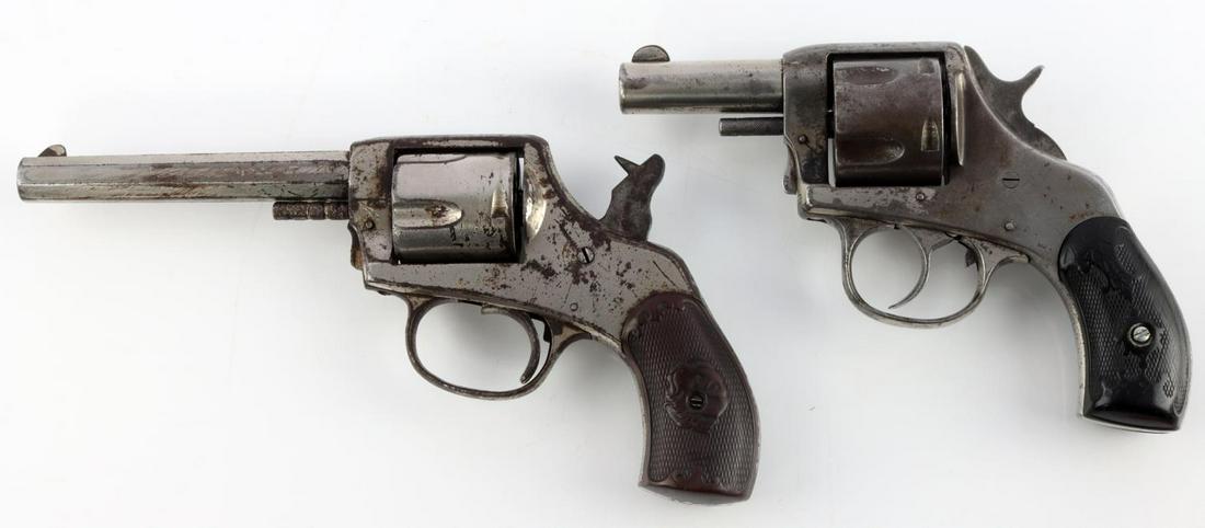H&R AMERICAN & IVER JOHNSON AMER BULLDOG .44 .38: Two antique revolvers: H&R The American 5 shot revolver in .44 Webley Black Powder, double action works, however, play in the cylinder, a hammerless Iver Johnson American Bulldog in .38 caliber, actio