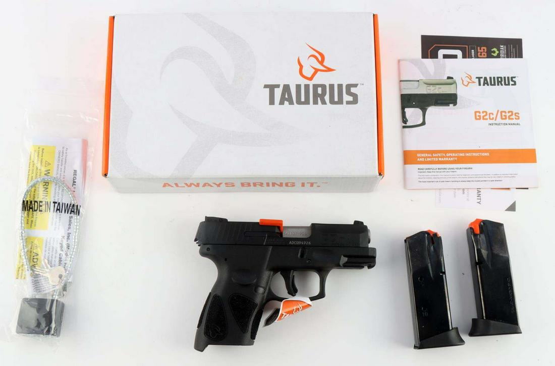 TAURUS G2C SEMI AUTO PISTOL IN .40 S&W NEW IN BOX: Steel and polymer construction with clear markings, serial number to right side and underneath, 3 inch barrel with mint bore, outlined sights, comes with two 10 rd magazines, manual, lock and key. Req