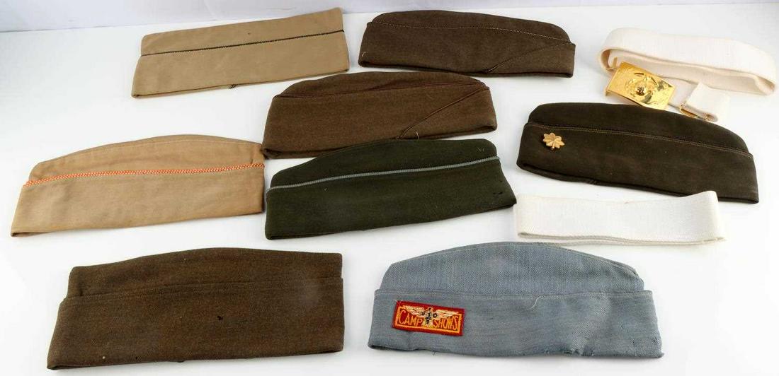 LOT OF 9 US MILITARY OVERSEAS CAPS BELT W BUCKLE: Lot features 8 overseas caps for Airborne, Air Corps, and Engineer Corps. Also included is a USMC belt and buckle that measures 35 inches. Very good condition. Size 7 mostly.