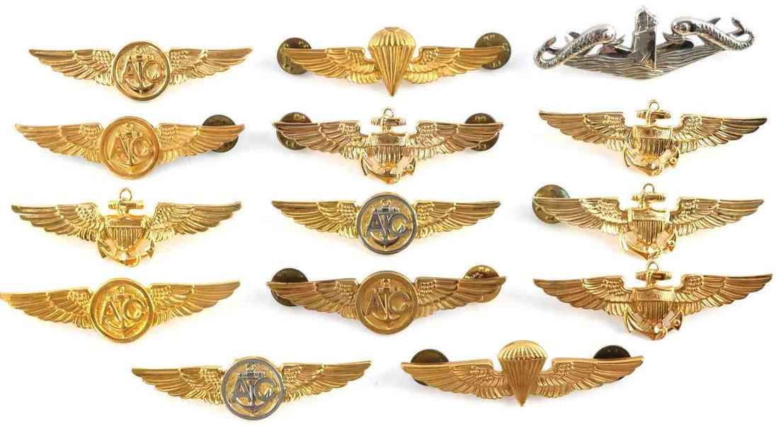 14 2 3/4 INCH PILOT SUBMARINER AIRCREW WINGS: None are sterling all are clutchback, Vietnam Desert Storm era.