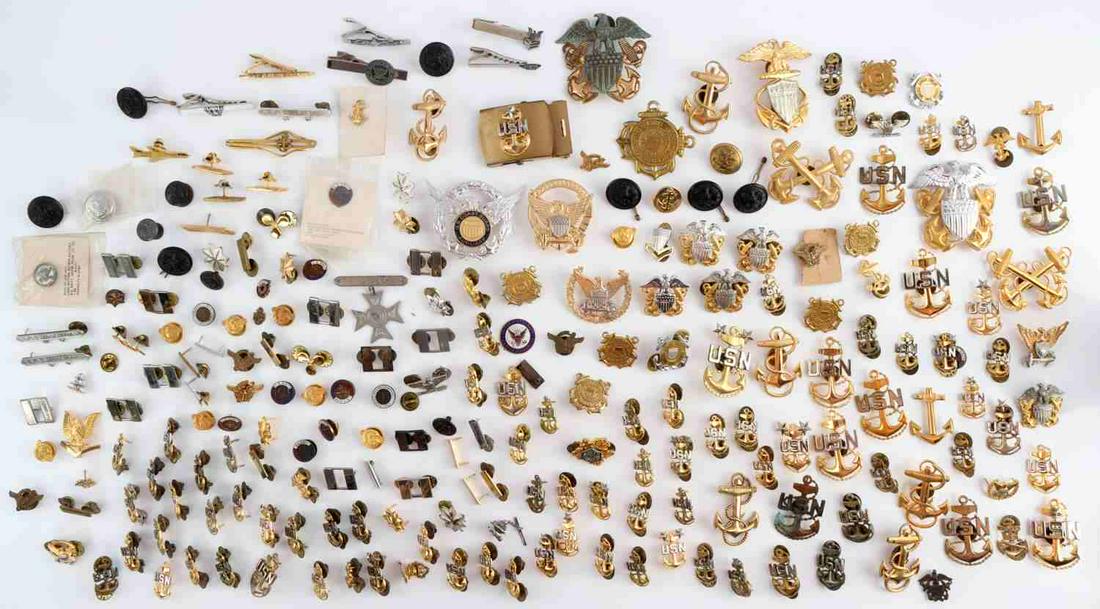 100'S OF USN USCG NAVY COAST GUARD RANK INSIGNIA: CPO And officer insignia, WWII to Desert Storm, as photographed, no sterling observed.