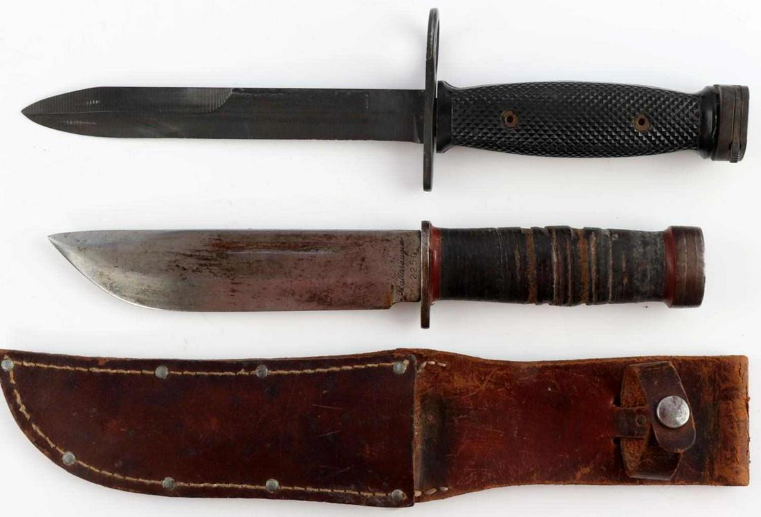 WWII CATTARAUGUS 225Q FIGHTING KNIFE & M7 BAYONET: Th M-7 bayonet has no scabbard 11 3/4 inches overall and appears unissued, the 225Q fighting has some wear but otherwise good.