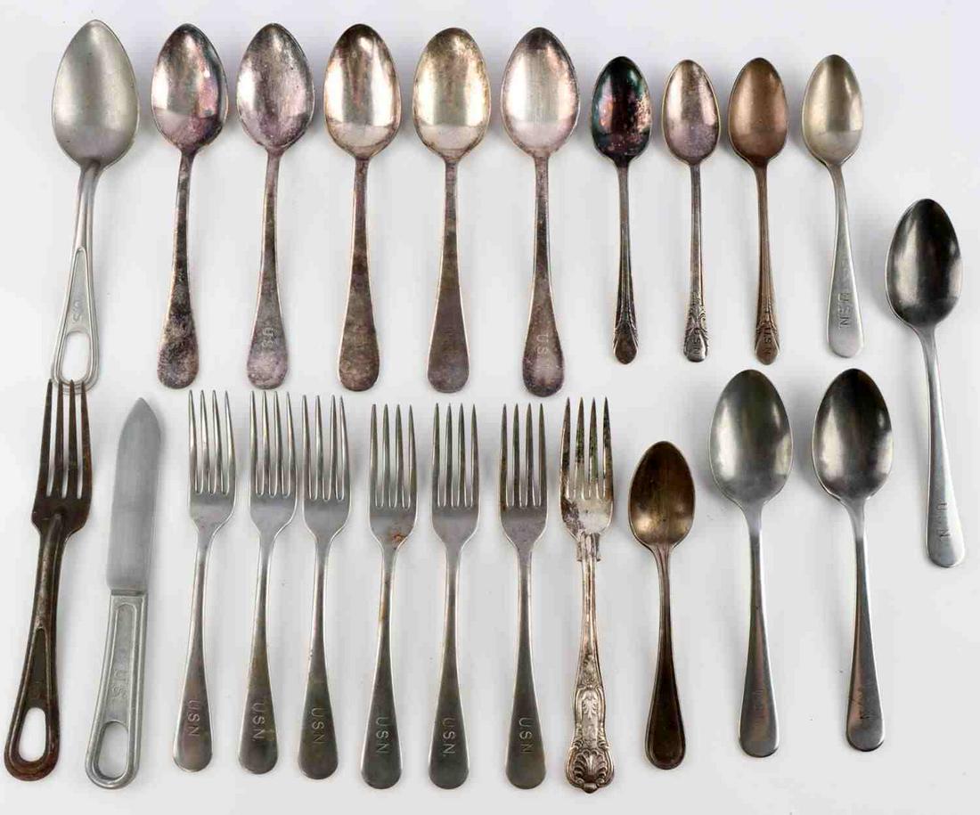 US MILITARY NAVY SILVERWARE LOT OF 23 MESS WARE: 20 pieces of USN marked silver plate silverware, plus 3 mess kit pieces of silverware. Good condition.