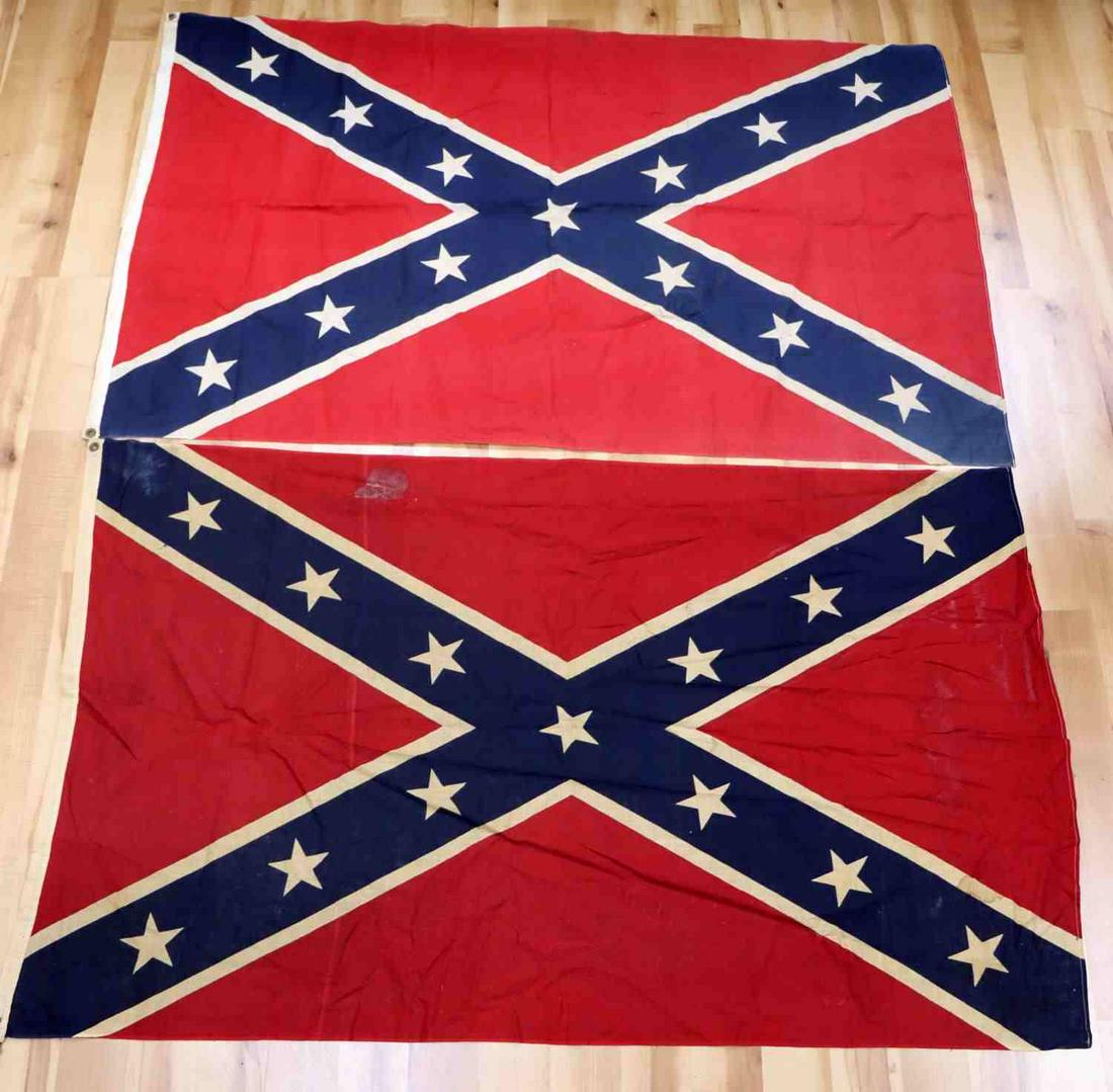 2 EARLY 20TH CENTURY CONFEDERATE REUNION FLAG LOT: Copper grommets, some wear and some small holes, single piece on linen/cotton, seem to be by same maker, but unmarked. each 38 by 60 inches. Good collectible grade.
