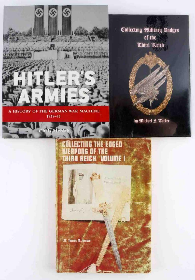WWII THOMAS JOHNSON TUCKER THIRD REICH BOOK LOT: 1977 Volume soft cover Collecting the edged weapons volume I by LTC Thomas Johnson, heavily used, Collecting Military Badges of the Third Reich by Michael Tucker, very goo with dust cover, and Hitler'