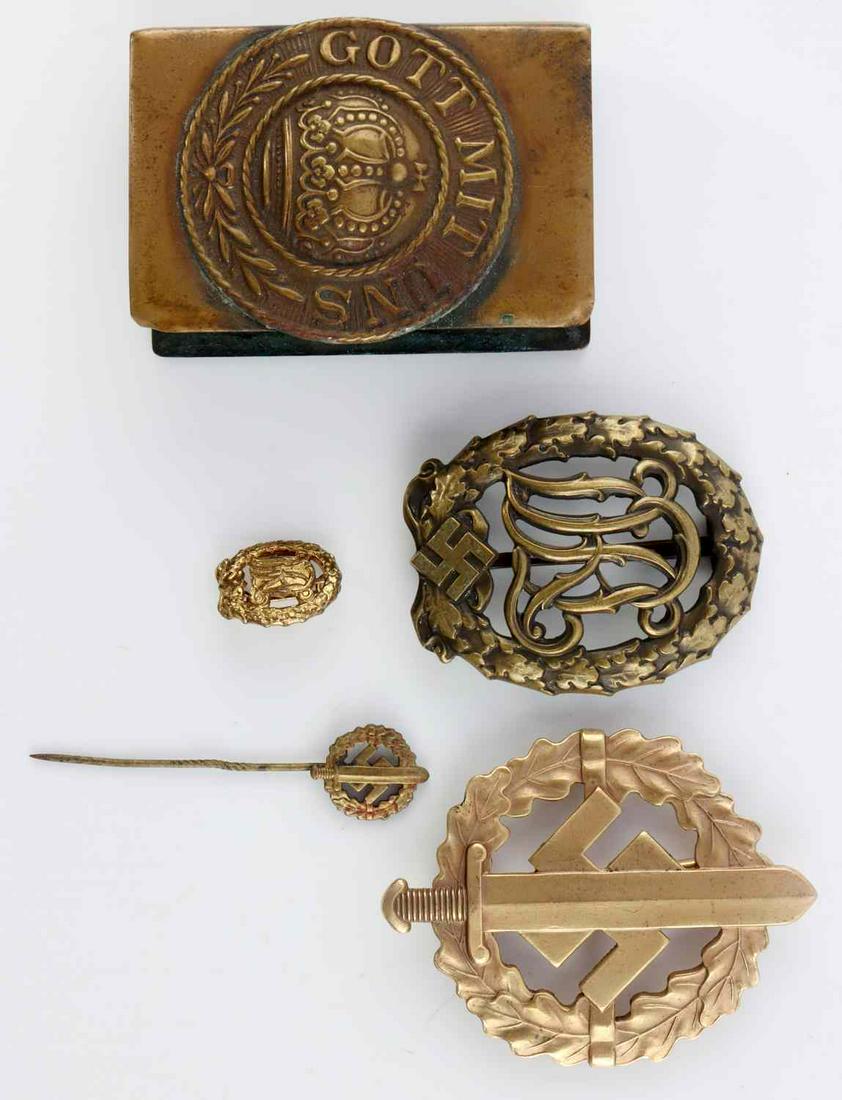 WWII THIRD REICH GERMAN ITEMS LOT OF 5 DRL BADGE: 5 items: DRL Sport badge (DRGM Wernstein Jena), SA Sports badge (Berg & Nolte A.G.), DRL mini pin, SA sport stickpin, and German matchbox cover. Brass construction. Unauthenticated, sold as is.