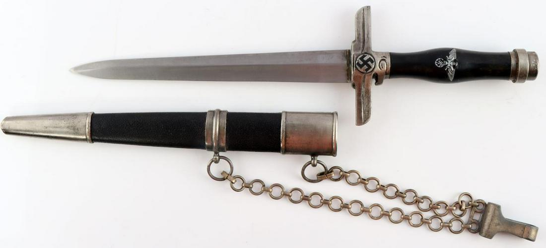 WWII GERMAN REICH NSDAP KREIGERBUND HOMAGE DAGGER: WWII German Reich NS-Reichskriegerbund homage dagger with scabbard and chain. Blade is marked "RZM M 7/18"crossguard and pommel have some blemishing but are in overall good condition. Grip paint is fa