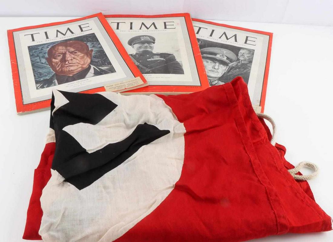 WWII GERMAN PARTY FLAG & 3 TIME MAGAZINES 1941: Lot includes: German Nazi flag, marked Lorenz Summa Sohne Oberkotzau to header, 35 X 23 inches, and three Time magazines from July 14, 1941, April 8, 1940 (Mussolini), and June 9, 1941. Little edge we