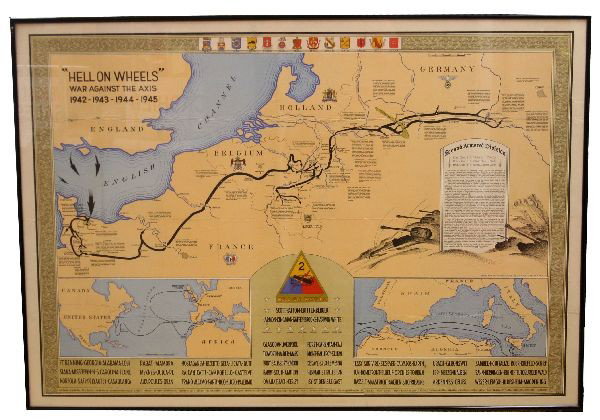 HELL ON WHEELS 2ND ARMORED DIVISION CAMPAIGN MAP: An original 1945 "Hell On Wheels" Second Armored Division 1945 WWii campaign map. Measures 42x28 inches and framed, details battles and Generals from 1942 to 1945, excellent condition.