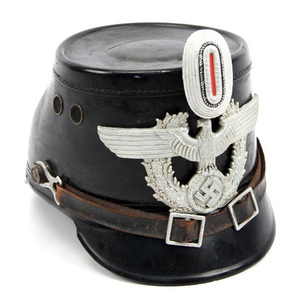 WWII GERMAN POLICE SHAKO ORIGINAL VUPA: A WW2 Third Reich Police Shako overall very good condition there is a small about 5mm hole in the top, 100% original, makers tag inside Frederick Becker "Original Vupa".