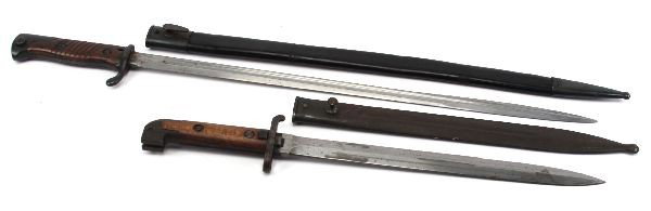 SWEDISH MODEL 1914 & GERMAN 1898 MAUSER BAYONET: Two bayonets. A German Model 1898 N/A Neuer Art Mauser Bayonet. Blade measures just over 20 inches, marked "V. C. SCHILLING, SUHL". Two piece wood grip, with blued steel pommel and quillon. Leather sc