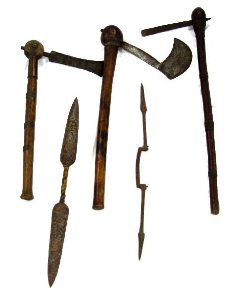 GROUPING OF AFRICAN ETHNOGRAPHIC EDGED WEAPONS: Three hand made Eritrean or Nigerian Songe axes. Very well made, appearing to be earlier 20th Century. Also included are two double ended spear tip weapons. All are in very good condition.