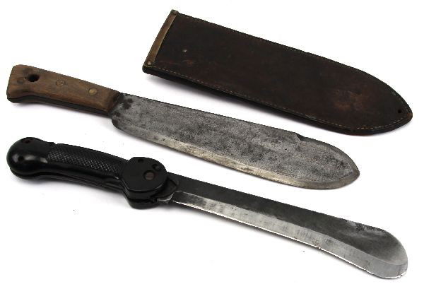 WWII ERA USMC BOLO & BAIL OUT SURVIVAL MACHETE: WWII Era USMC Hospital Corpsman Model 1942 bolo knife, as well as a USAF post 1942 survival machete. USMC bolo is marked on blade "USMC / VILLAGE BLACKSMITH", with leather scabbard marked "USMC / BOYT