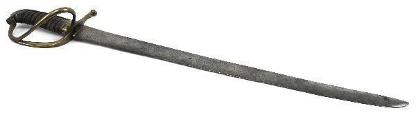 DUTCH NAVAL CUTLASS LATE 18TH CENTURY: Late 18th century Dutch Naval cutlass. Blade measures just under 22 inches, with brass hilt and knuckle bow, and wire wrapped shagreen grip. Minor nicks along blade. Good dark patina over blade and hi