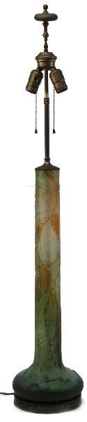 IMPRESSIVE EMILE GALLE PINE CONE CAMEO GLASS LAMP: Light green glass with amber pine limb and pine cone motif in cameo. Signed "galle" in cameo. Vase height is 23 inches with overall height of 40 inches including finial. Adjustable shaft. Double socke