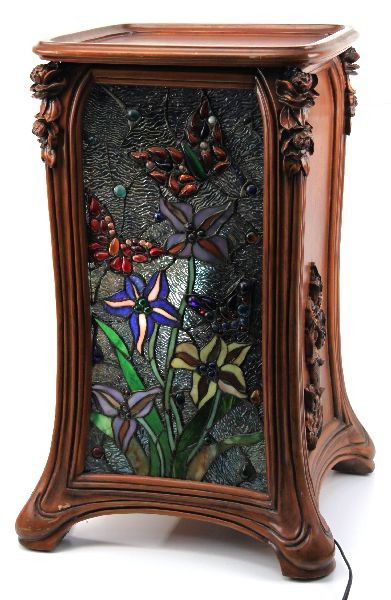 LIGHTED STAINED GLASS & OAK SIDE TABLE: 16x16x27.5 inches. Contemporary carved oak side table with floral stained glass panel and lighting mechanism within. Overall Very good condition.