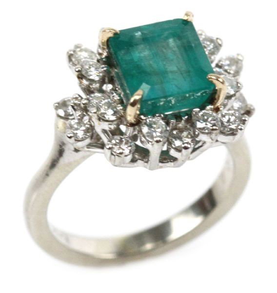 LADIES 14K WHITE GOLD EMERALD & DIAMOND RING: An approx. 1.92ct square cut emerald with (20) approx. 0.03ct round full cut diamonds. Emerald appears to be natural, but has not been certified. Size: 3 Condition: Very good with some minor scratches