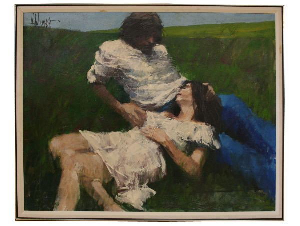 ALDO LUONGO ORIGINAL ACRYLIC PAINTING THE LOVERS: 1970's painting signed by Aldo. Marked on back with a circled number 1 and "reproduction rights retained by artist". Framed painting measures 45x57 inches. Very good condition.