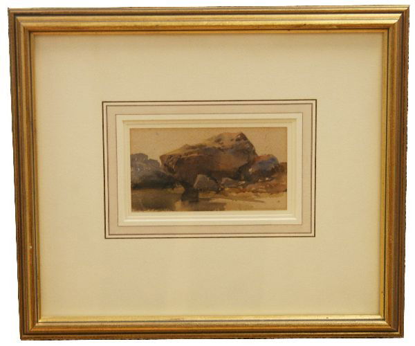 WILLIAM LEIGHTON LEITCH ORIGINAL WATERCOLOR: "Rocks by a pool" by William Leighton Leitch (British 1804-1883). Inscribed verso with "W.L. Leitch". Image size is 5.75 by 3 inches. Triple matted and framed. overall size is 12.5 by 14.5 inches. Ver
