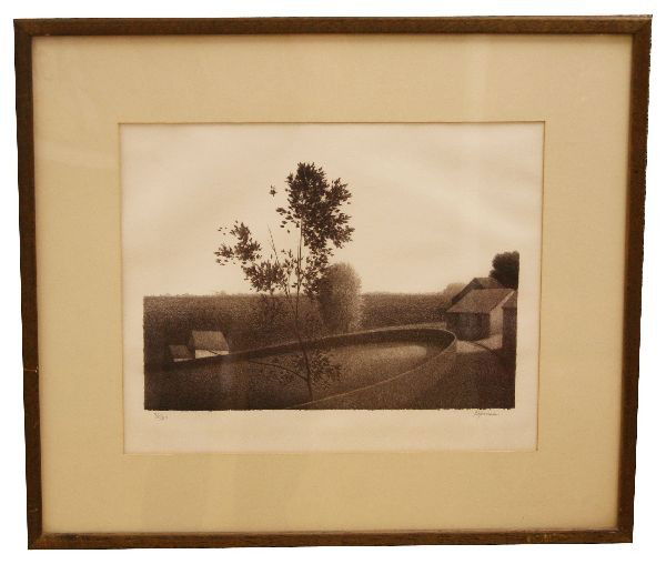 "UNTITLED LANDSCAPE" BY ROBERT KIPNISS LITHO: Robert Kipniss (American, b. 1931), artist and renowned print maker. 1971 litho number 71 in a series of only 260. Pencil Signed lower right. image size is 12 by 15 inches. Overall framed dimensions a