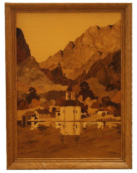 GERMAN BUCHSCHMID & GRETAUX MARQUETRY WOOD PANEL: Circa 1950's-1960's. 17x24 inches framed. Exotic wood marquetry art panel depicting St. Bartholoma Church in Berchtesgaden, Bavaria created by Buchschmid & Gretaux. Signed "BG" in bottom right. Very g