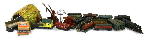 LARGE LOT VINTAGE TRAINS-LIONEL MARX DORFAN & MORE: A large lot of vintage toy trains and accessories, including track, (4) transformers, Lionel trains (engine 1666, tender 2666W, gondola 2677, tank car 2680, and caboose 2672), (8) Dorfan cars (Pullman