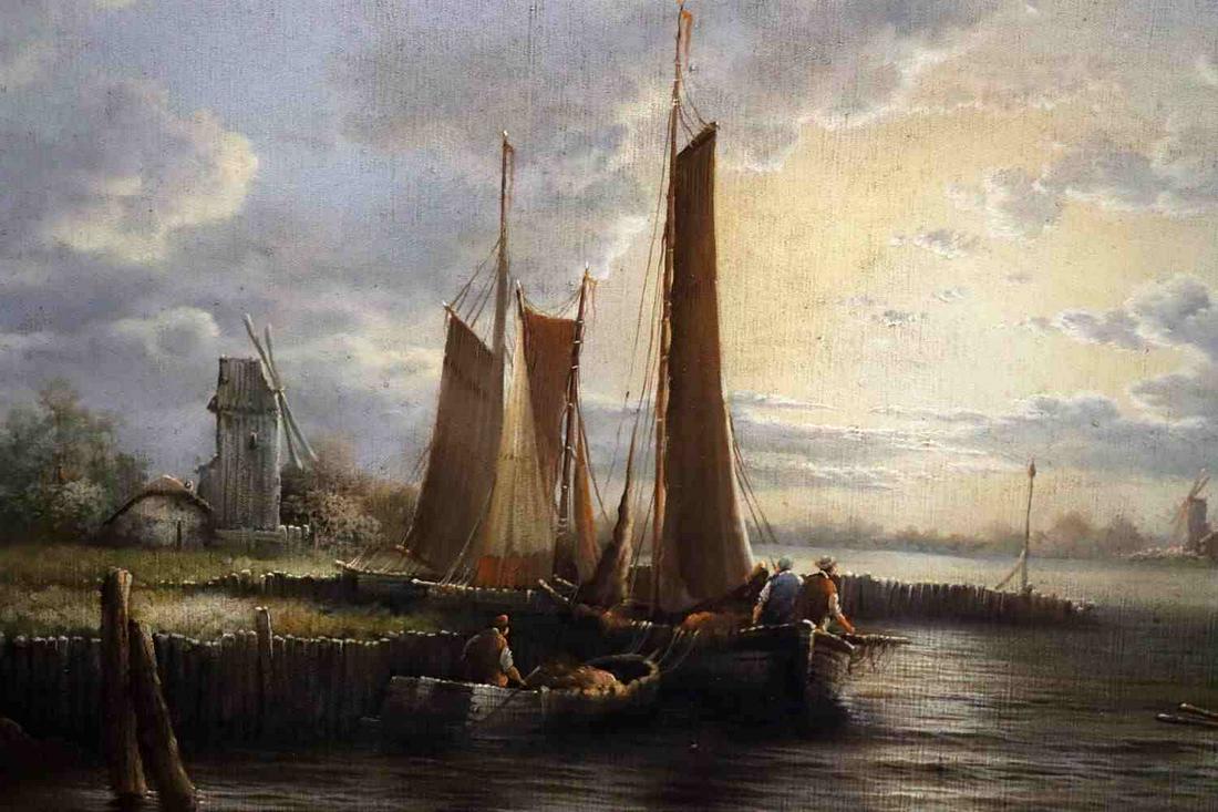 S.D. RICHELLE DUTCH SCHOOL HARBOUR SUNSET PAINTING: Circa 20th Century oil on canvas painting by S. D. Richelle, Dutch School rendering of 19th century European Harbour sunset scene. Condition: Very good set in gilt wood frame measuring 31x44 inches