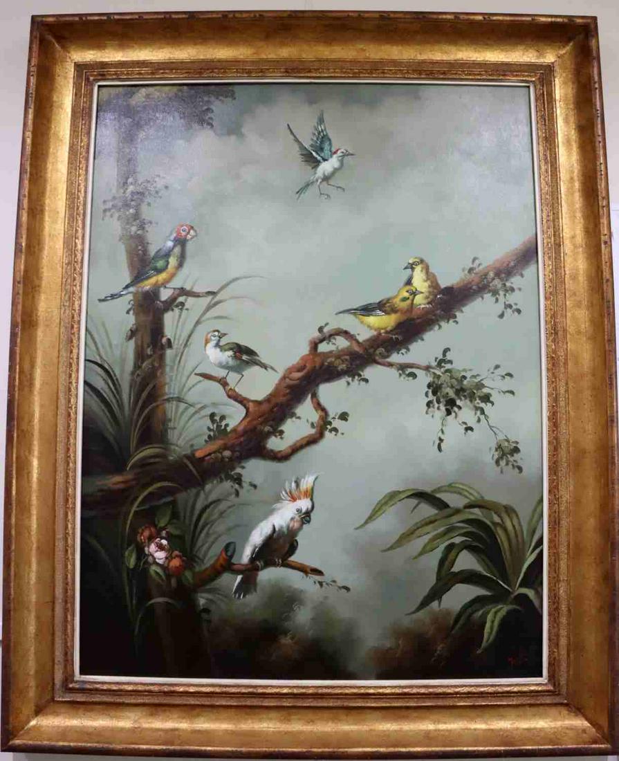 IRA MONTE TROPICAL BIRDS OIL PAINTING: IRA MONTE (Spanish b. 1918) signed original oil on canvas painting. Condition: Very good, set in carved wood gilt frame. Dimensions: approx. 38x50 inches