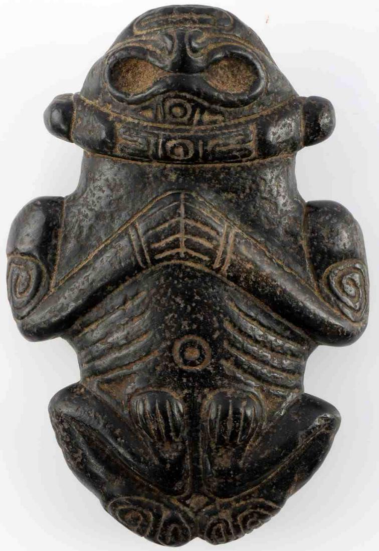 NATIVE AMERICAN TAINO ANTHROPOMORPH SCULPTURE: PreColumbian. Anthropomorphic figure with head turned backwards. This design element seems to be limited to the Taino aesthetic. Arms rest on chest while legs curl up in front. The broad head is toppe