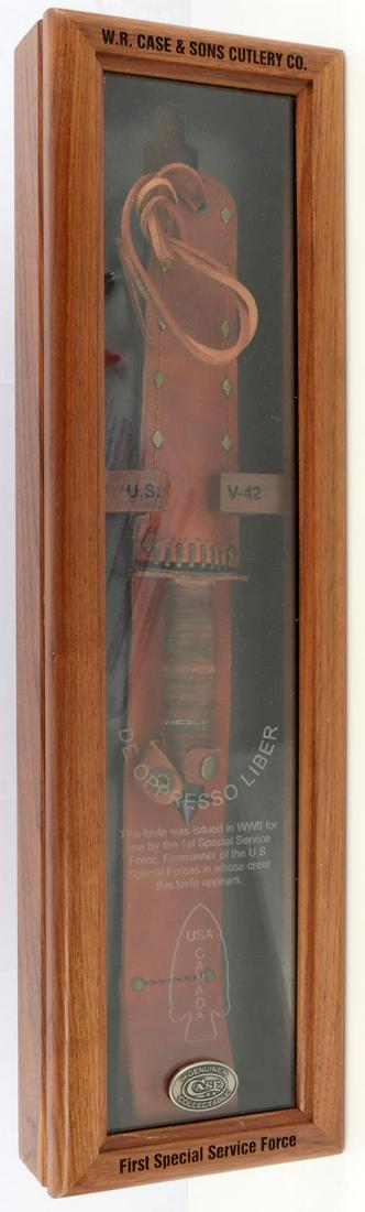 WWII CASE V-42 FIRST SPECIAL SERVICE FORCE KNIFE: Exact Case replica stiletto fighting knife in 22 by 6 inch display case, hand made to exacting specs.