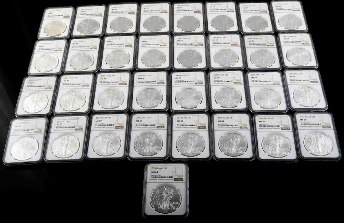 1986 TO 2018 AMERICAN EAGLE SILVER COIN SET OF 33: NCG graded Uncirculated Silver Eagle Set 1986-2018 MS69 (33 pcs set) This lot has a reserve.