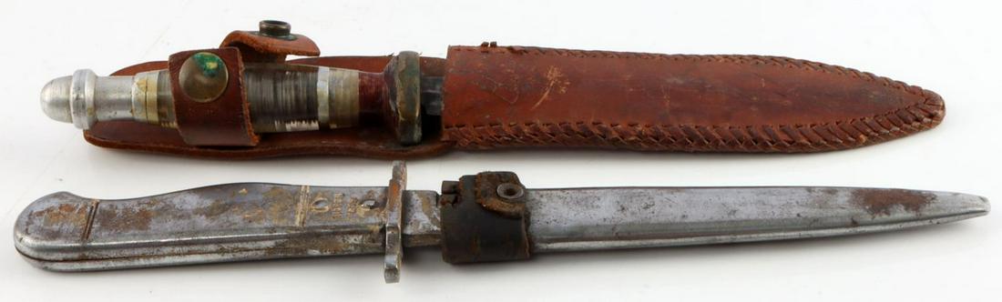 WWII GERMAN & U.S. FIELD MADE FIGHTING KNIFE LOT: Includes Ges. Gesch stamped grip 9 1/2 inches with metal sheath, Lucite grip presumed U.S. Stiletto, 10 inches with leather sheath.