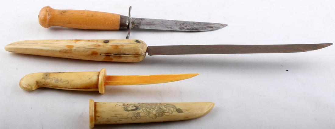 WALRUS TUSK WHALER KNIFE WHALE BONE & MORA BLADE: Walrus tusk butcher or skinning knife 14 inches, all whalebone etched knife, 8 inches, well crafted and ready to work, and Swedish Mora, all knives over 100 years old