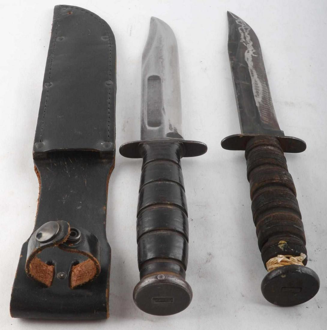 1 KA BAR 1 CAMILLUS USN MK2 FIGHTING KNIFE LOT: One with scabbard is Ka-bar the other Camillus, Ka-bar is very good the other as photographed.