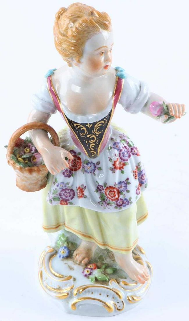 MEISSEN GIRL WITH FLOWER BASKET PORCELAIN FIGURINE: Early likely late 19th century, barefoot flower girl 5 1/2 inch figurine, numbered 60321 and also pattern number, free of detractions.
