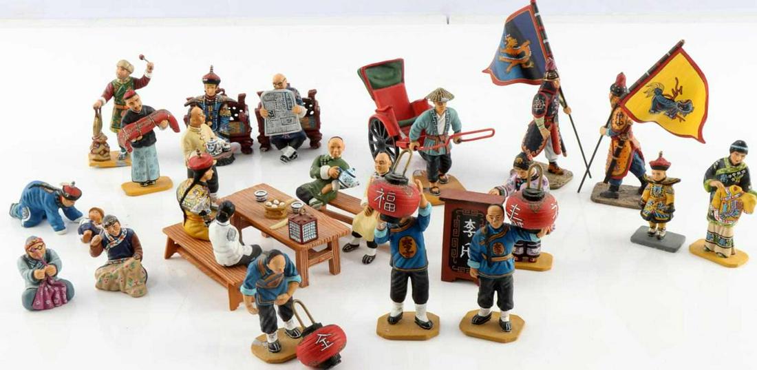 KING & COUNTRY 28 PIECE IMPERIAL CHINA COLLECTION: King & Country 28 piece Imperial China Collection with Emperor & Empress seated on their thrones, two flag bearing soldiers, four servants, a young Prince, a man pulling a rickshaw, two women knitting