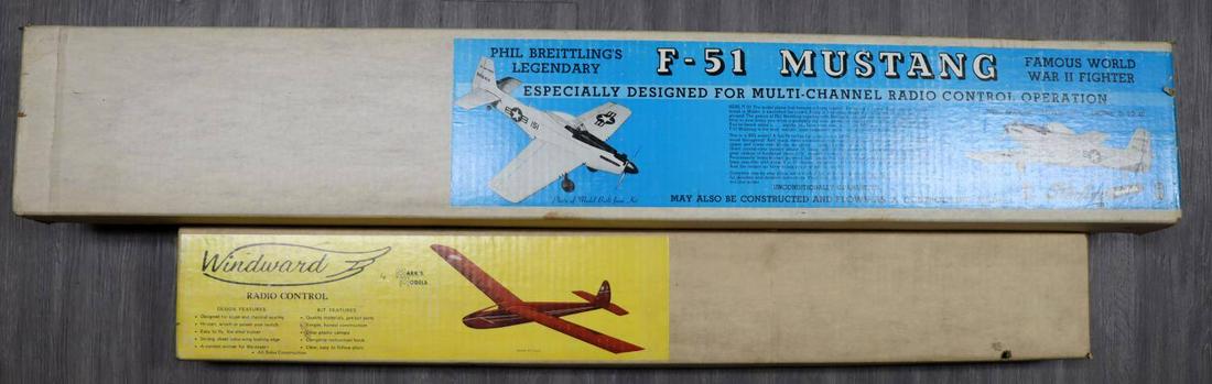 STERLING MODELS F-51 MUSTANG & WINDWARD GLIDER: Two kits they appear complete but Mustang is without decals, Mustang has 66 inch wingspan, both models radio controlled balsa.