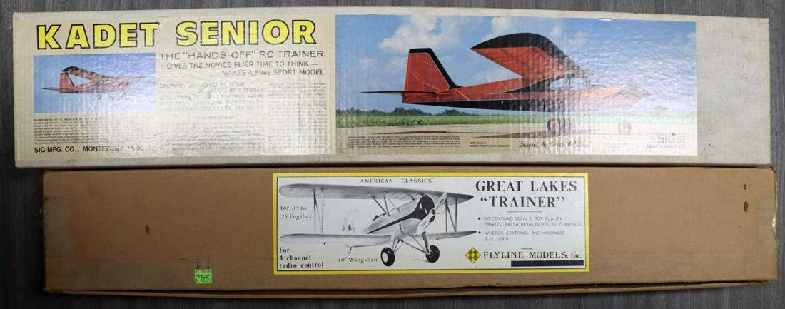 SIG KADET SENIOR & FLYLINE GREAT LAKES TRAINER: New in box 78 inch wingspan Kadet Senior, and 40 inch Great Lakes Trainer, complete RC airplane kits.