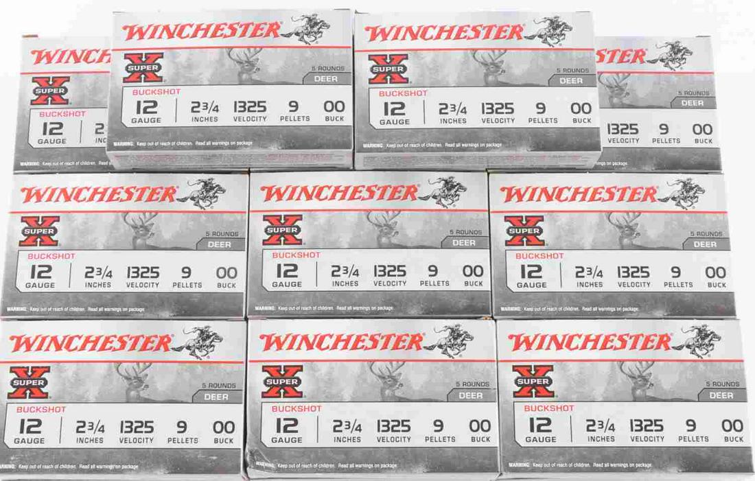 100 ROUNDS WINCHESTER 12GA 2 3/4 BUCKSHOT AMMO: 20 five round boxes of 12 GA 2 3/4 inch 1325 FPS 9 pellet 00 buckshot. New in box. This lot has a reserve.