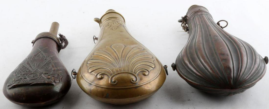 3 CIVIL WAR BRASS & COPPER POWDER FLASK MEASURES: Looks like a Hawksley, and a colt, very good original condition, as photographed.